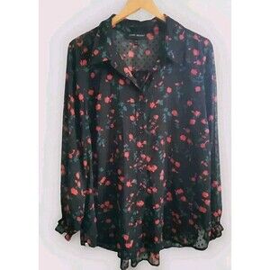 Lane Bryant Floral Swiss Dot Blouse Women’s 18/20 Black  Semi-Sheer Sleeves